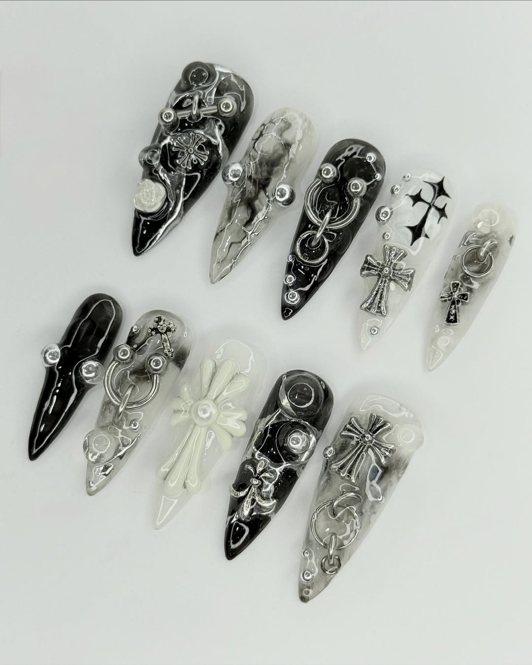 Black White Gothic Cross Piercing Punk Handmade Nails