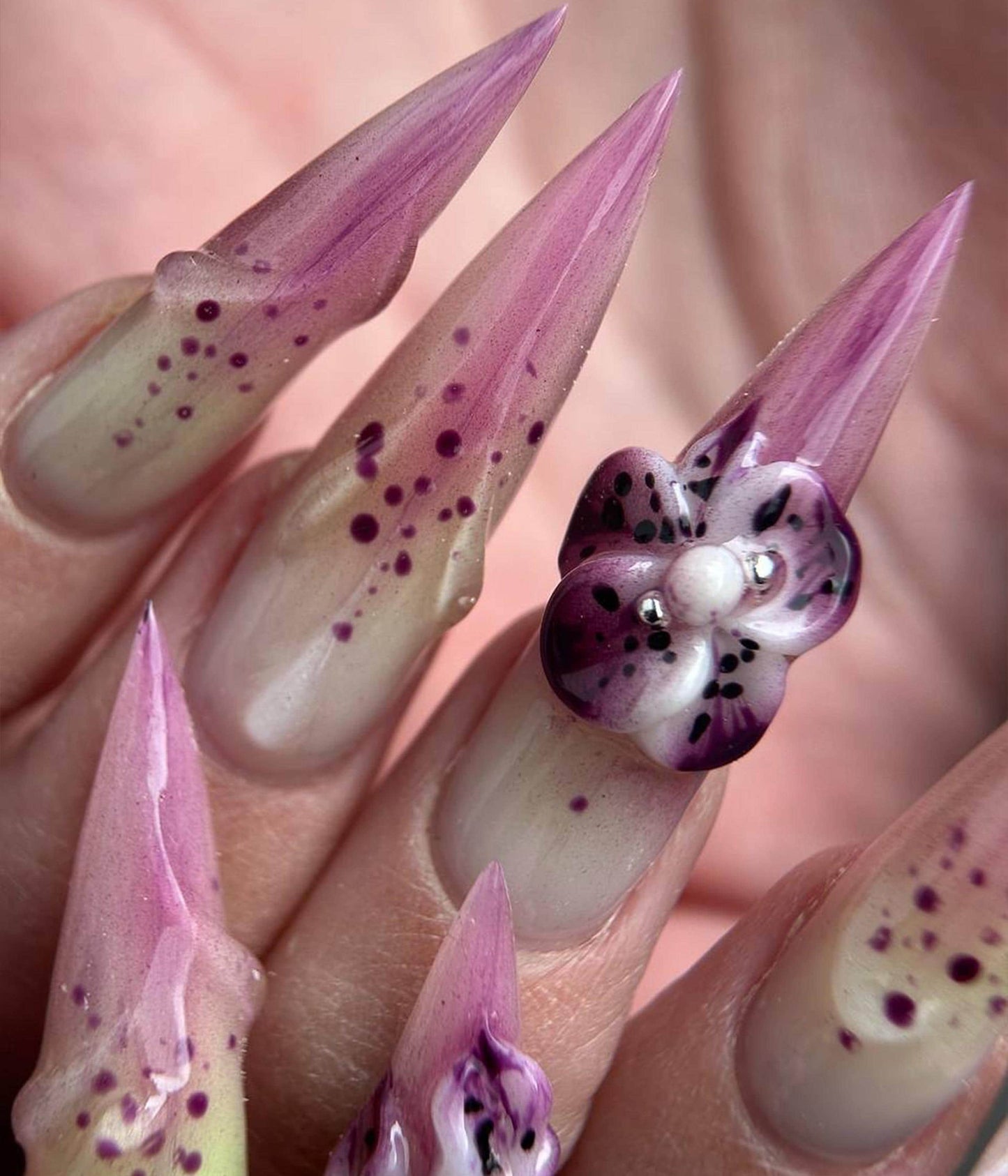 Wild Orchid Stiletto Press On Nails 3D Floral Gradient Pink Design