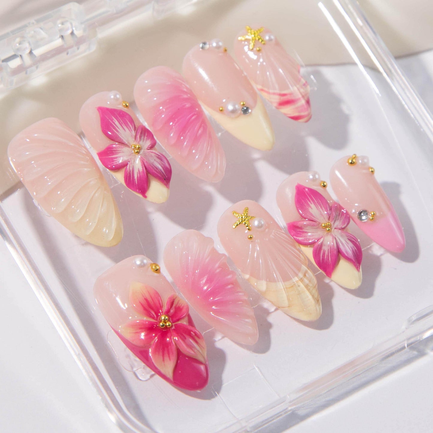 Tropical Floral Press On Nails – 3D Hibiscus & Seashell Design