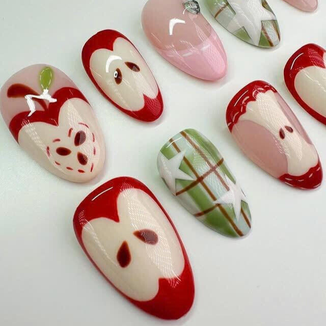 Apple Fruit Press On Nails - Red Apple Plaid Press On Nails