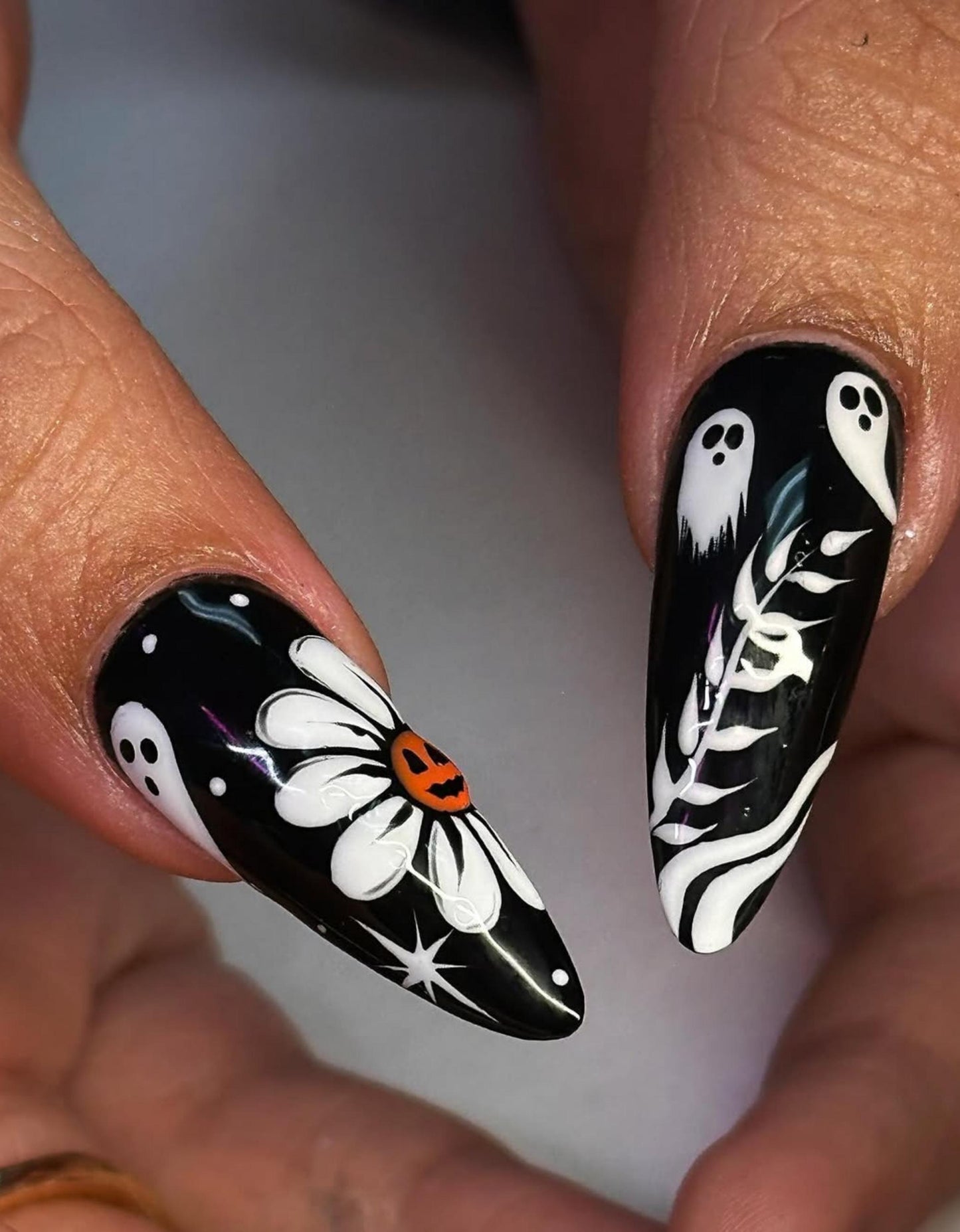 Halloween Gothic Floral Press-On Nails with Pumpkins and Ghost Details