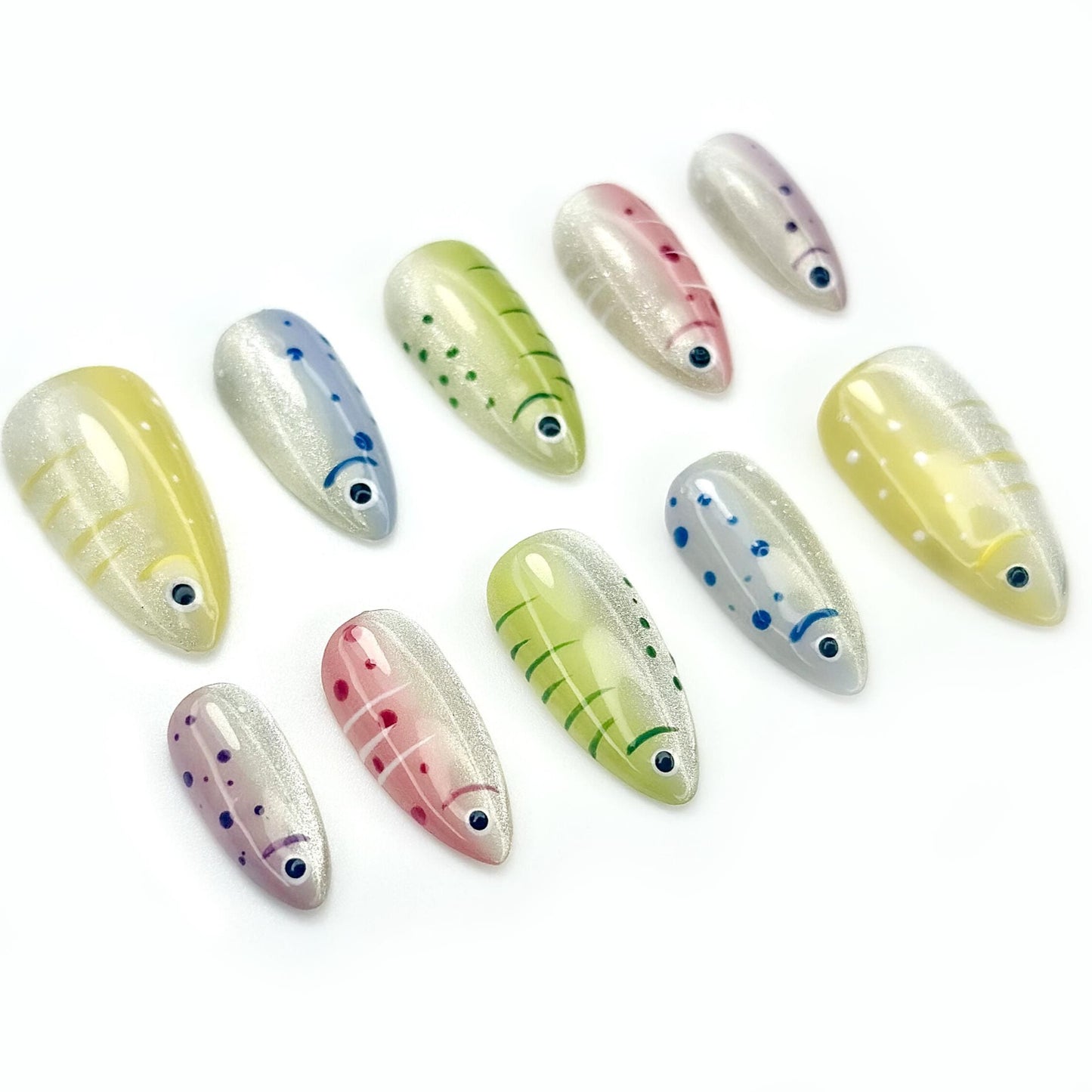 Shimmering Tropical Fish Press On Nails -Colorful Abstract Silver Press On Nails