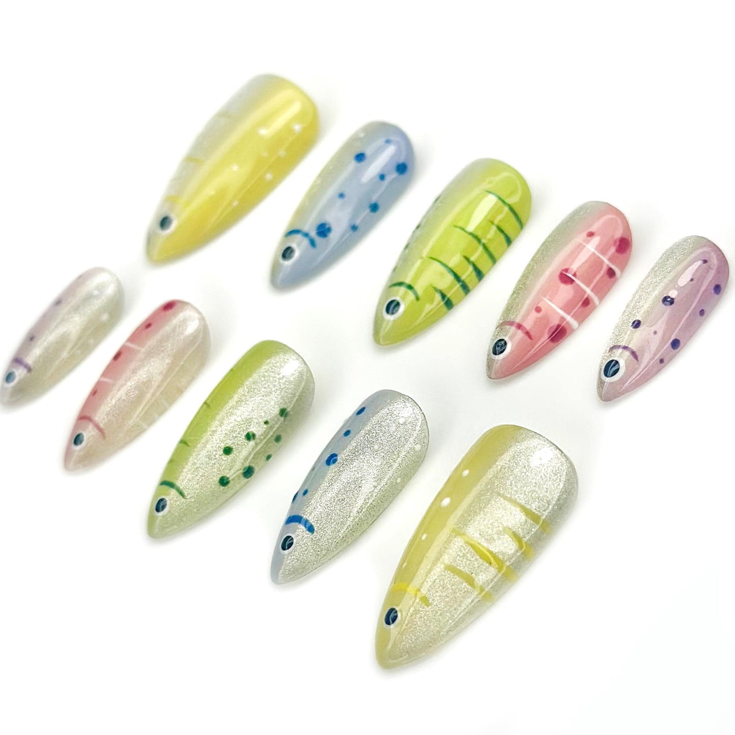 Shimmering Tropical Fish Press On Nails -Colorful Abstract Silver Press On Nails
