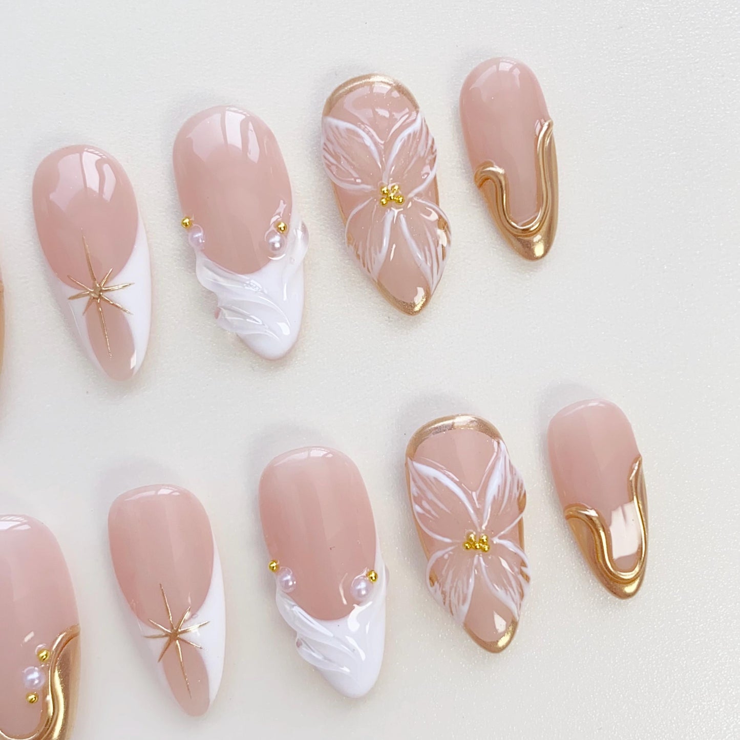 Bloom Flower White French Press On Nails – 3D Floral & Gold Accent Design