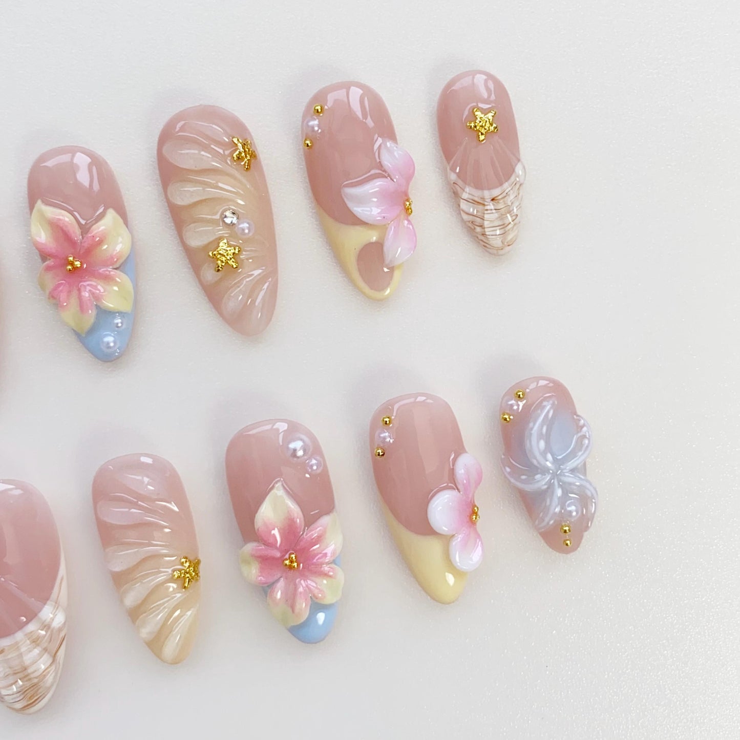 Floral Seashell 3D Press On Nails with Star Accents