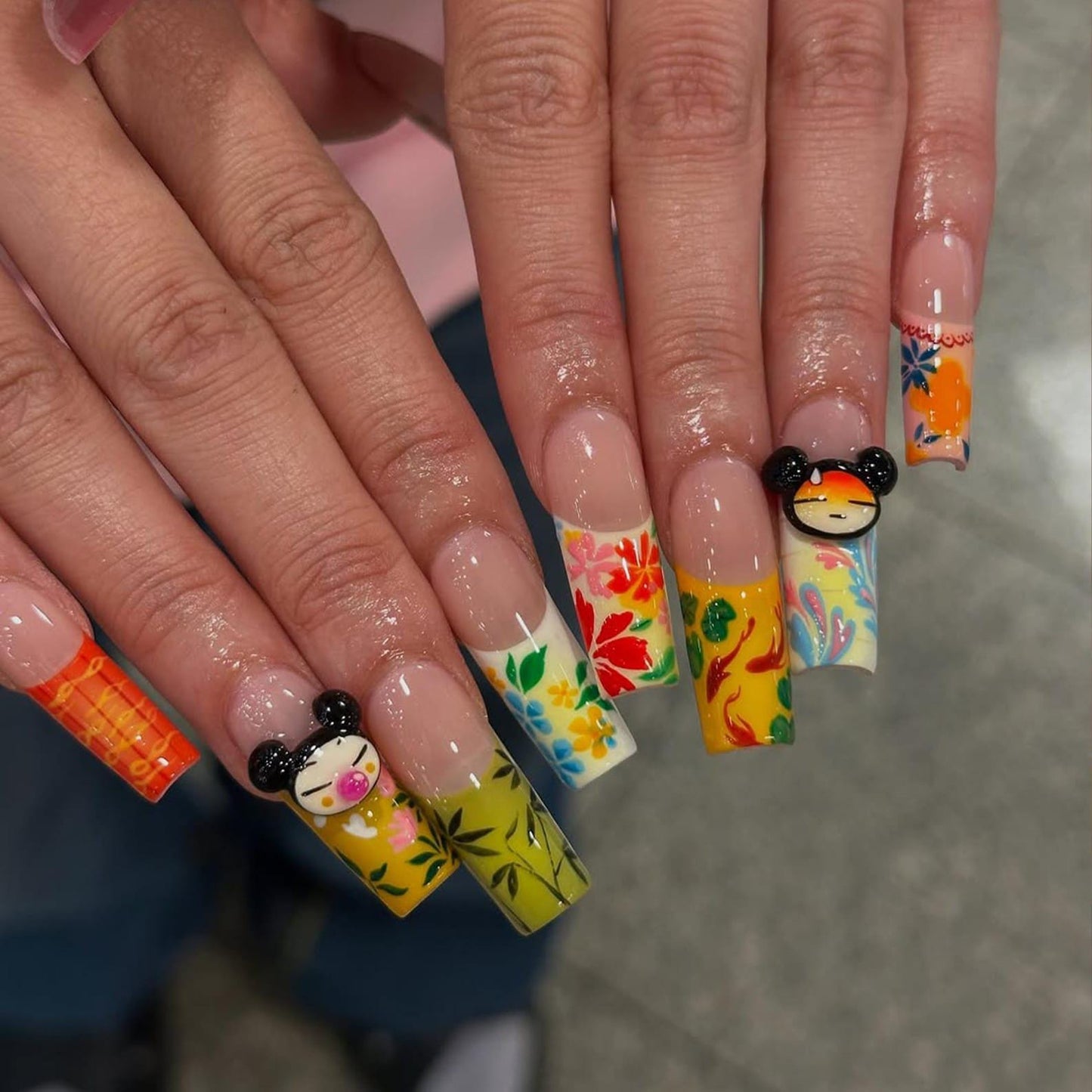 Pucca Cartoon Press On Nails - Hand-Painted Floral Japanese Press Nails