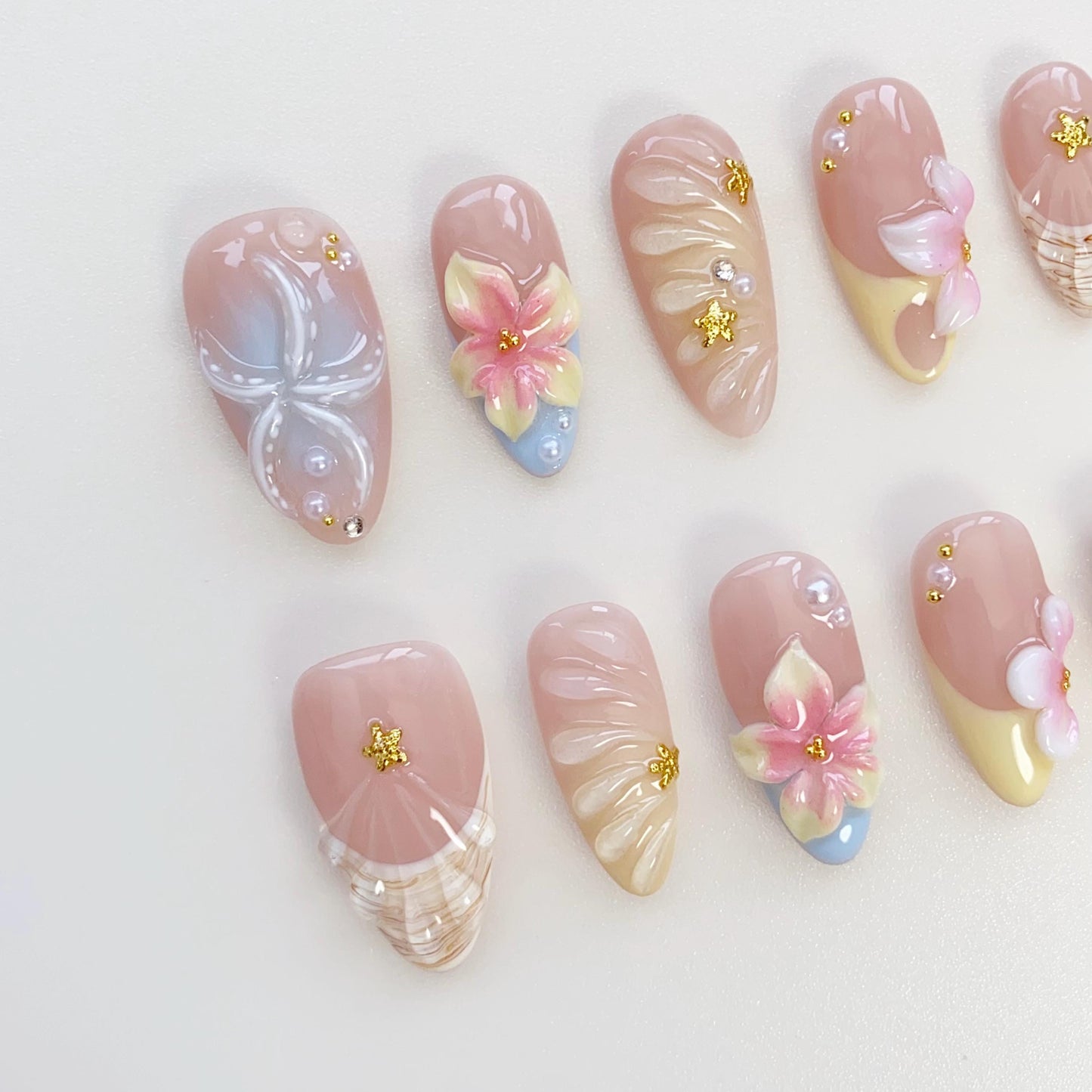 Floral Seashell 3D Press On Nails with Star Accents
