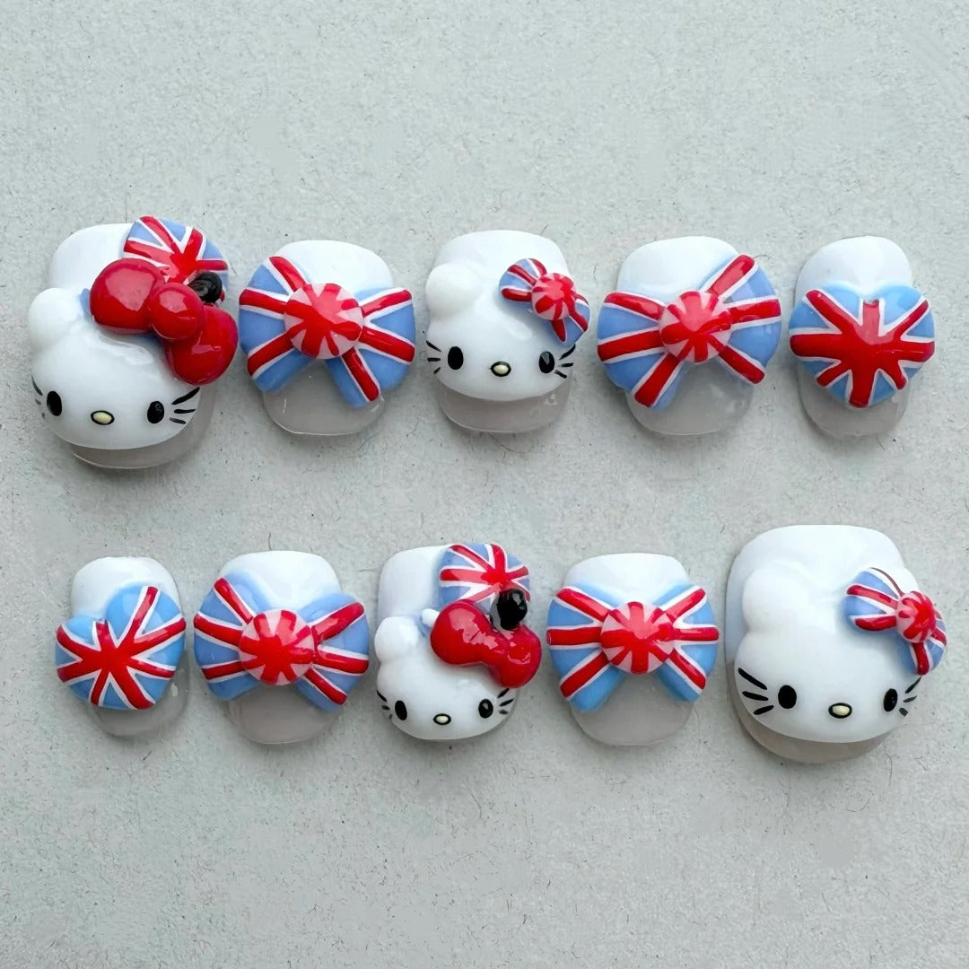 Adorable Union Jack Hello Kitty Press On Nails