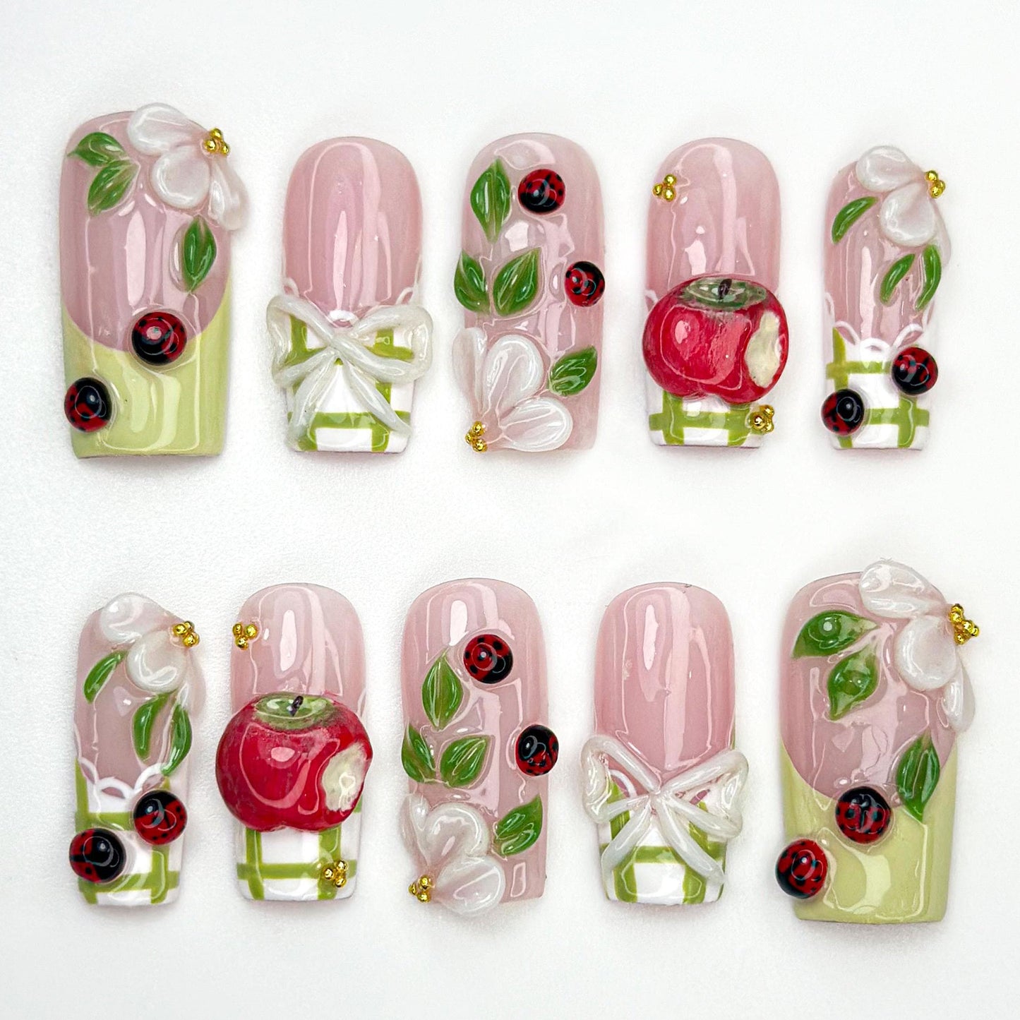 Apple Ladybug Garden Press-On Nails Set