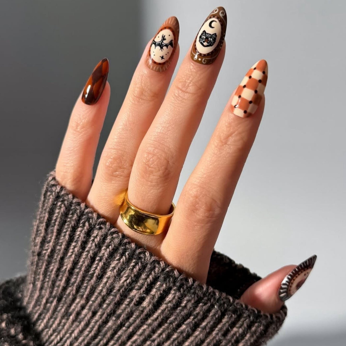 Autumn Halloween Press On Nails - Autumn Gothic Cat Bat Press On