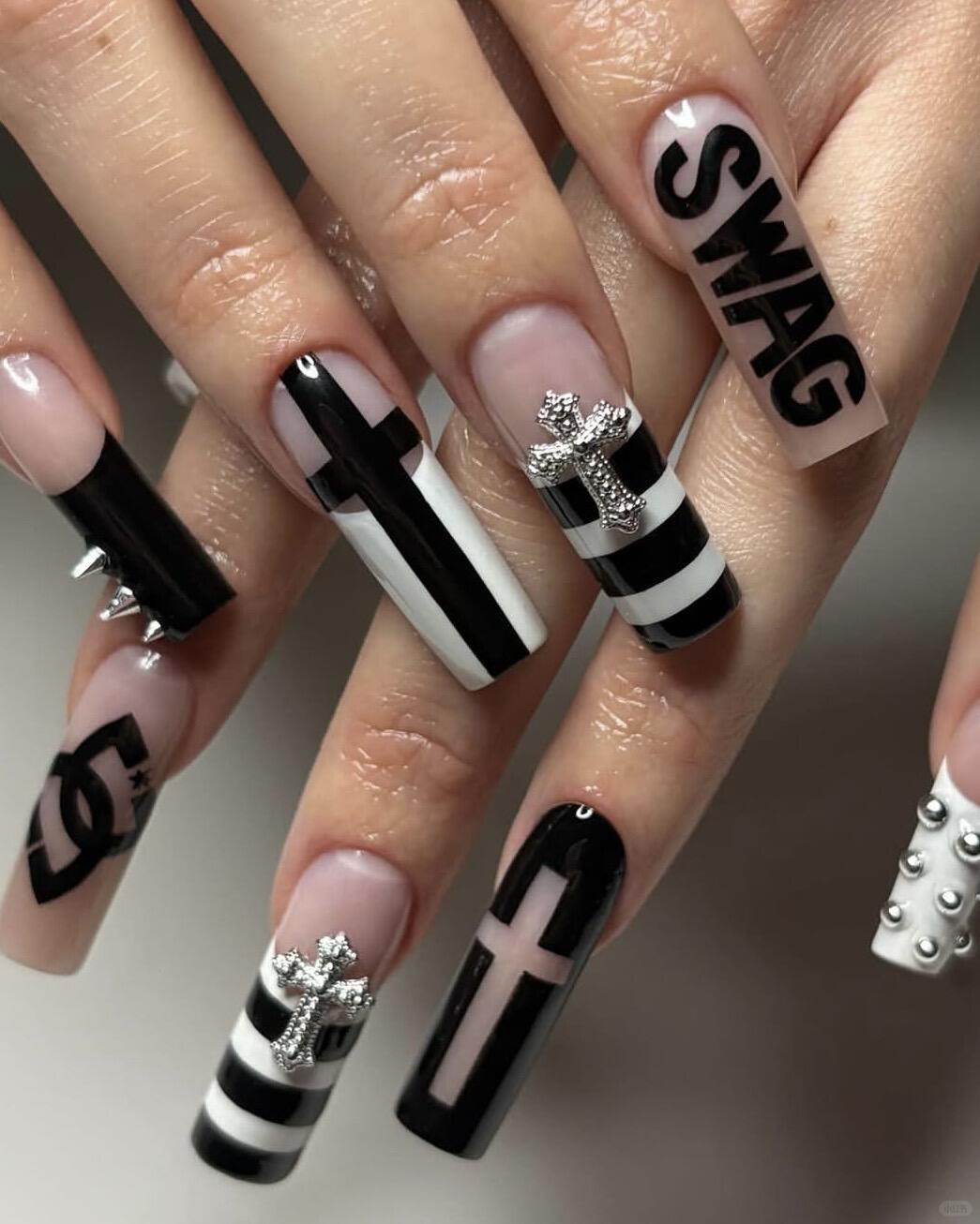 Black and White Gothic Cross Press On Nails with Stud Accents