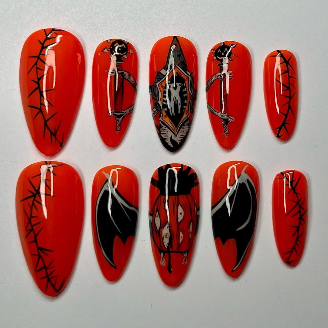 Bloody Red Halloween Press-On Nails with Bats, Pumpkins, and Stitches
