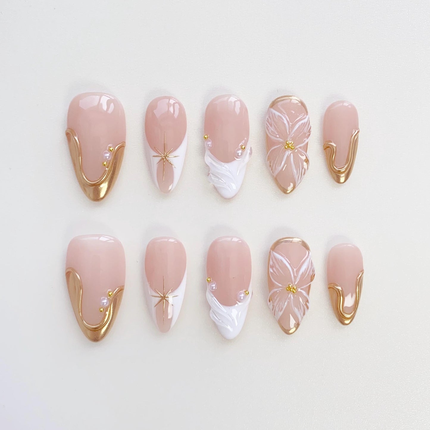 Bloom Flower White French Press On Nails – 3D Floral & Gold Accent Design