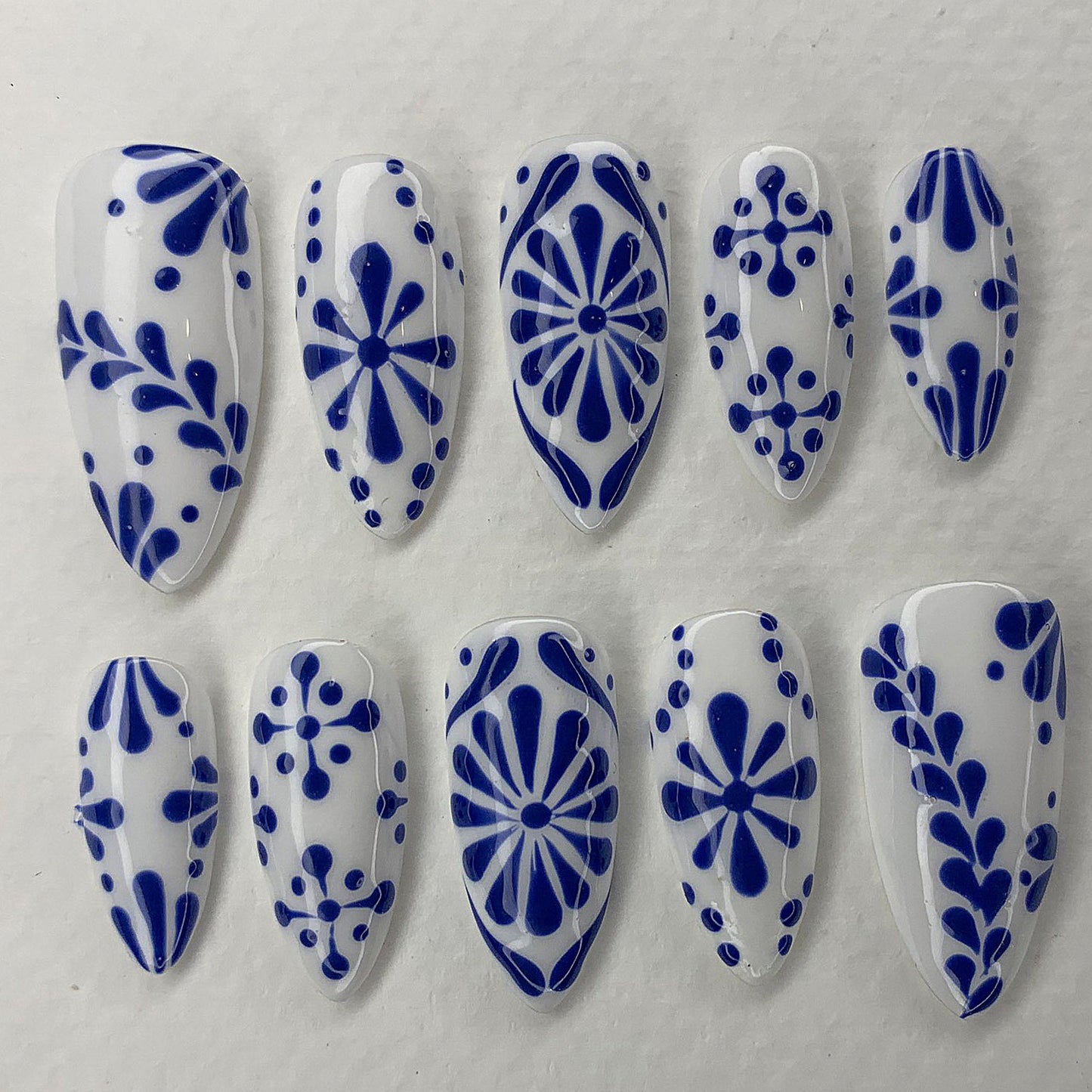 Blue Floral Press On Nails Handpainted Art Set