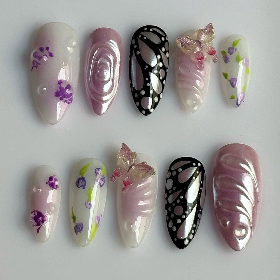 Butterfly Garden Press On Nails with Purple Floral Design