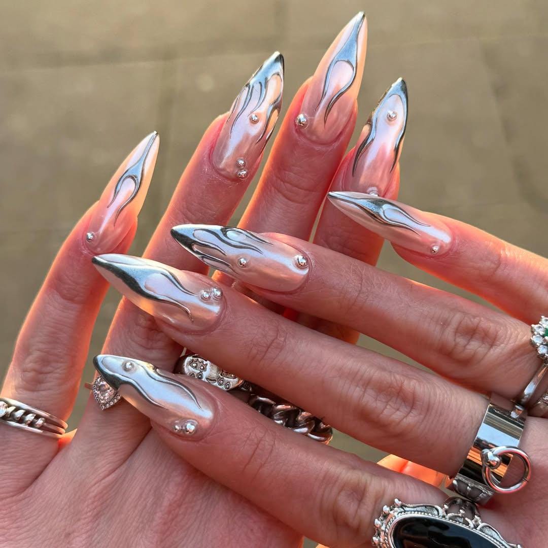 Chrome Flame Press On Nails - Chrome Flame Metallic Stiletto Nails