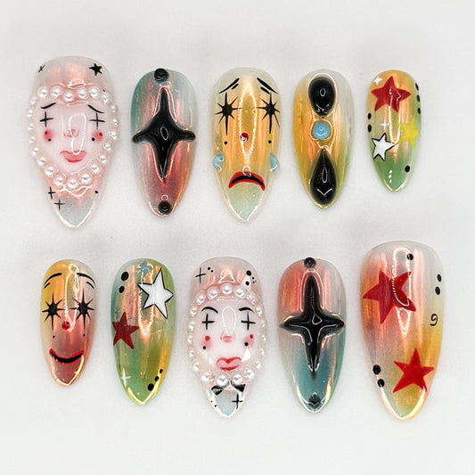 Clown Press-On Nails with Iridescent Pearls & Stars – Trendy Nail Art