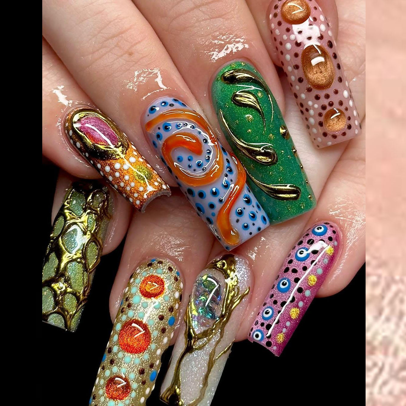Colorful 3D Texture Press-On Nails with Floral Gems.