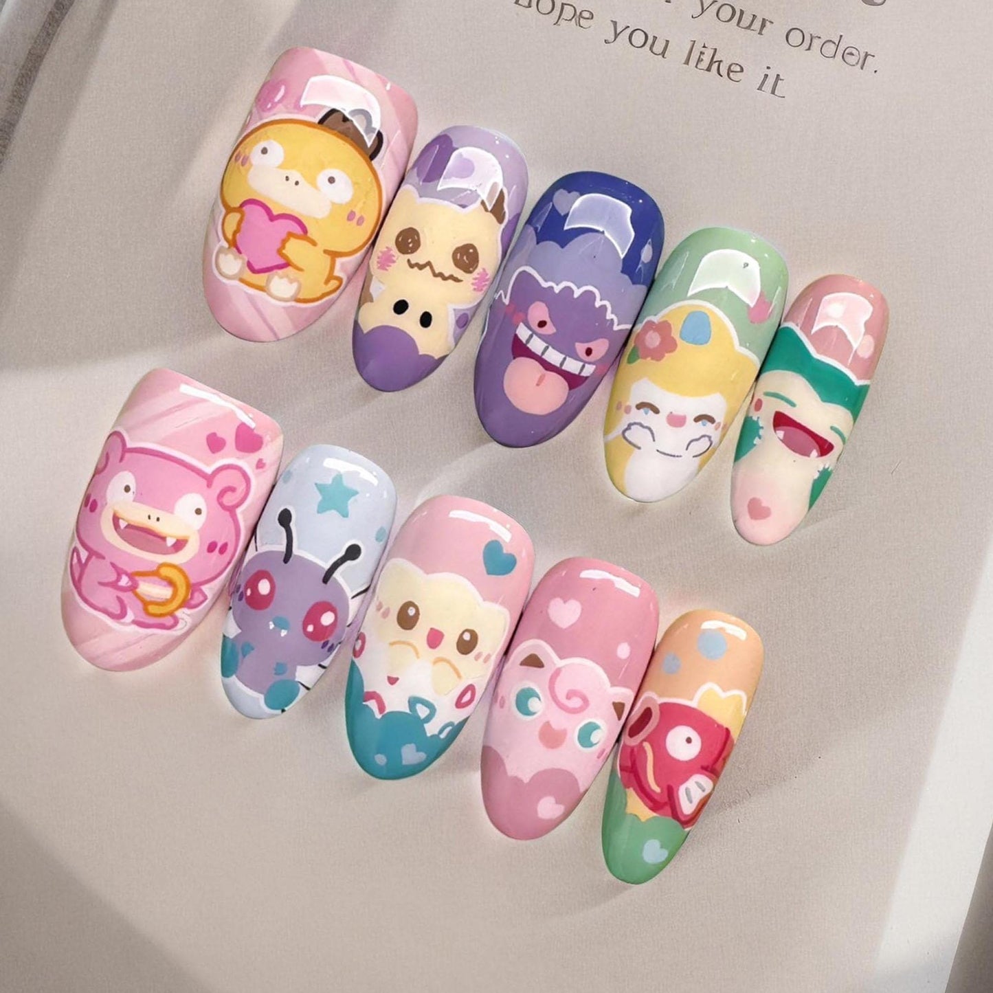 Colorful Kawaii Character Press On Nails with Pastel Design