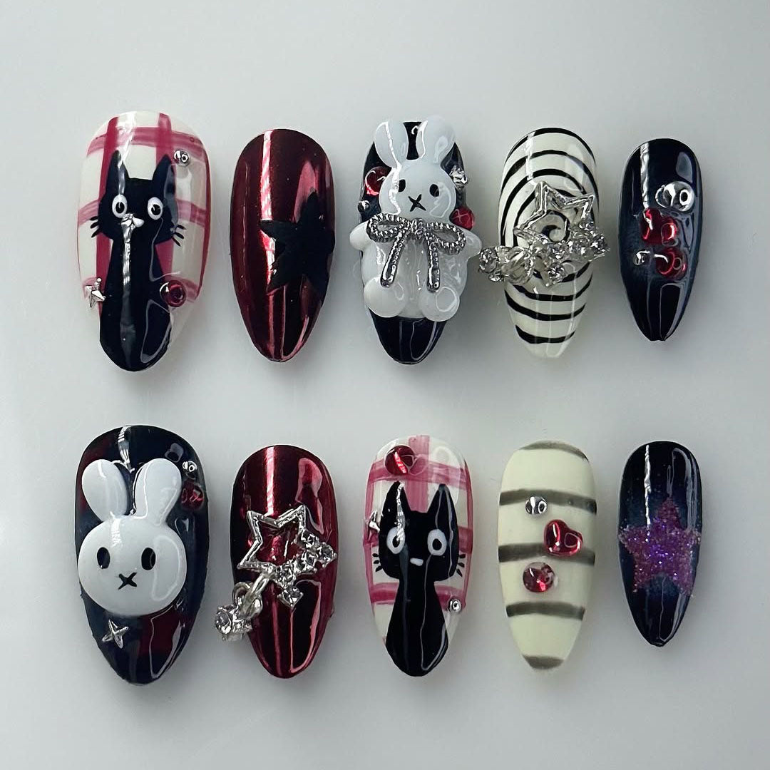 Cute Bunny and Cat 3D Press On Nails with Star Accents