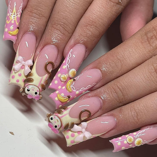 Cute Monkey Banana Press On Nails Pink Bow Set