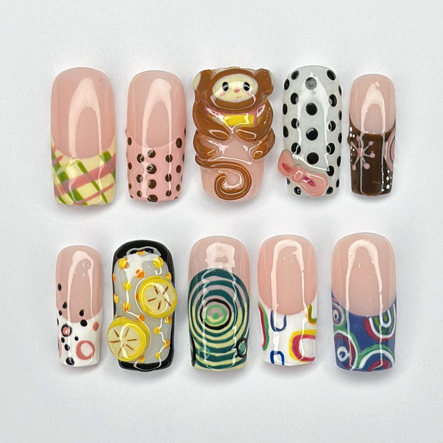 Cute Monkey Press On Nails - Cute 3D Cartoon Mixed Press On Nails