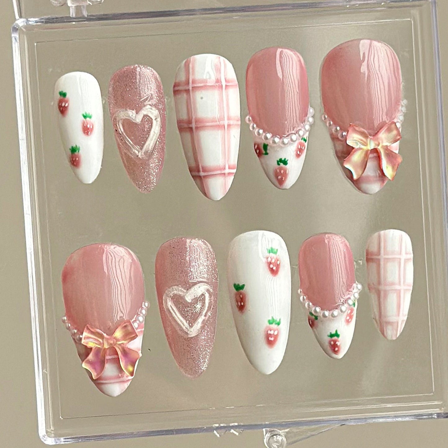 Cute Strawberry Pink Plaid Nail Set.