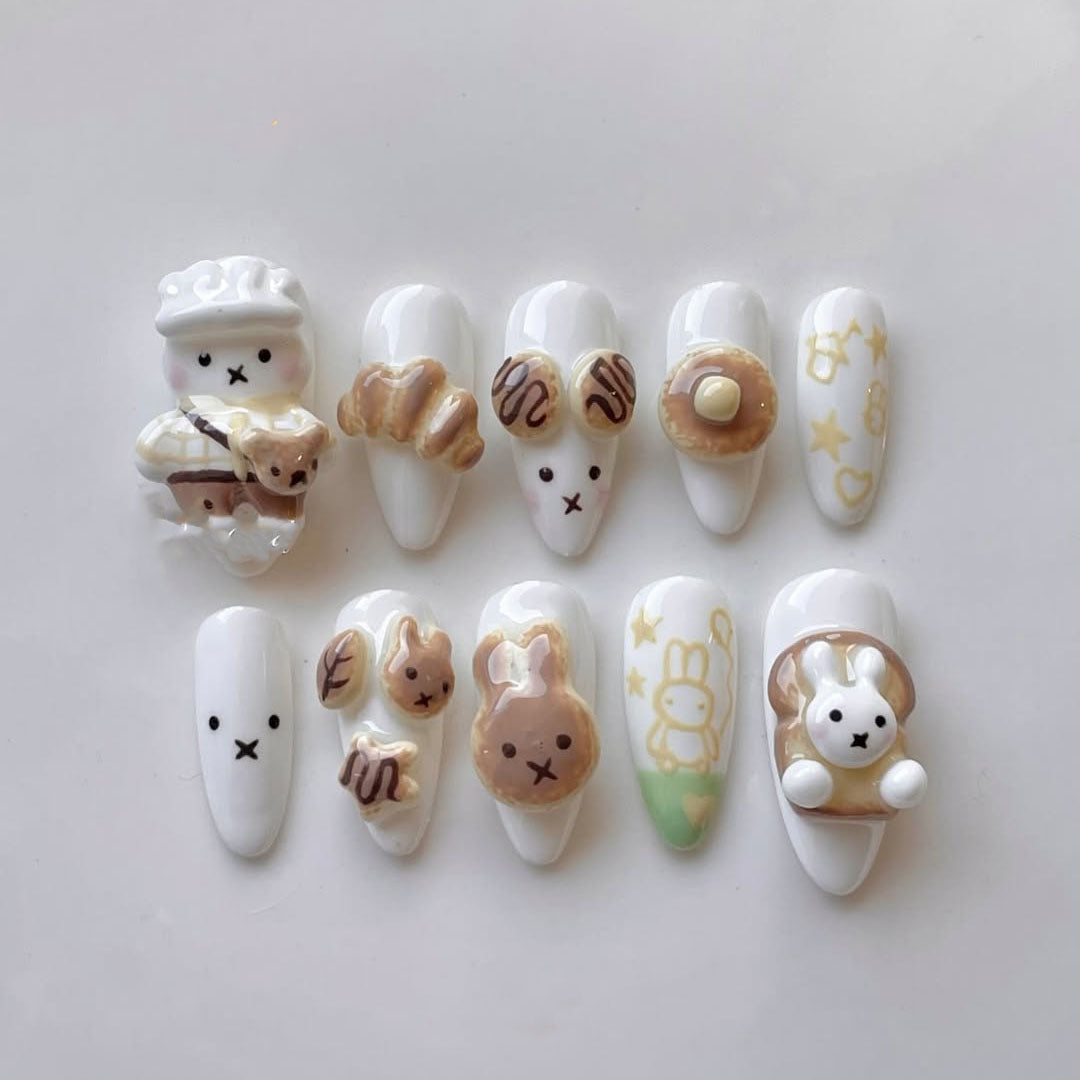 Cute White and Beige 3D Press-On Nails with Bunny and Pastry Charms