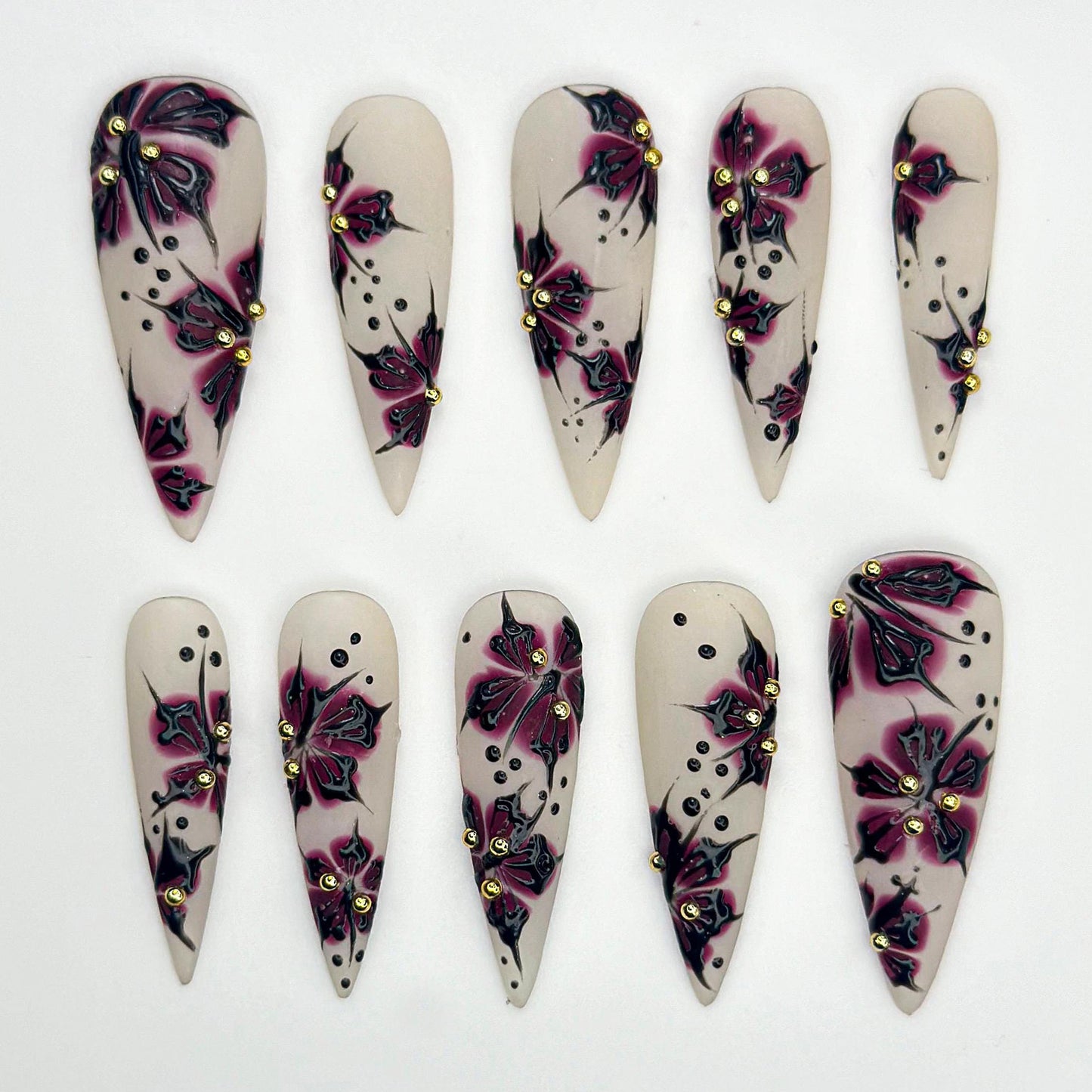 Dark Blossom Press On Nails 3D Crimson Floral Matte Ivory Stiletto Tips