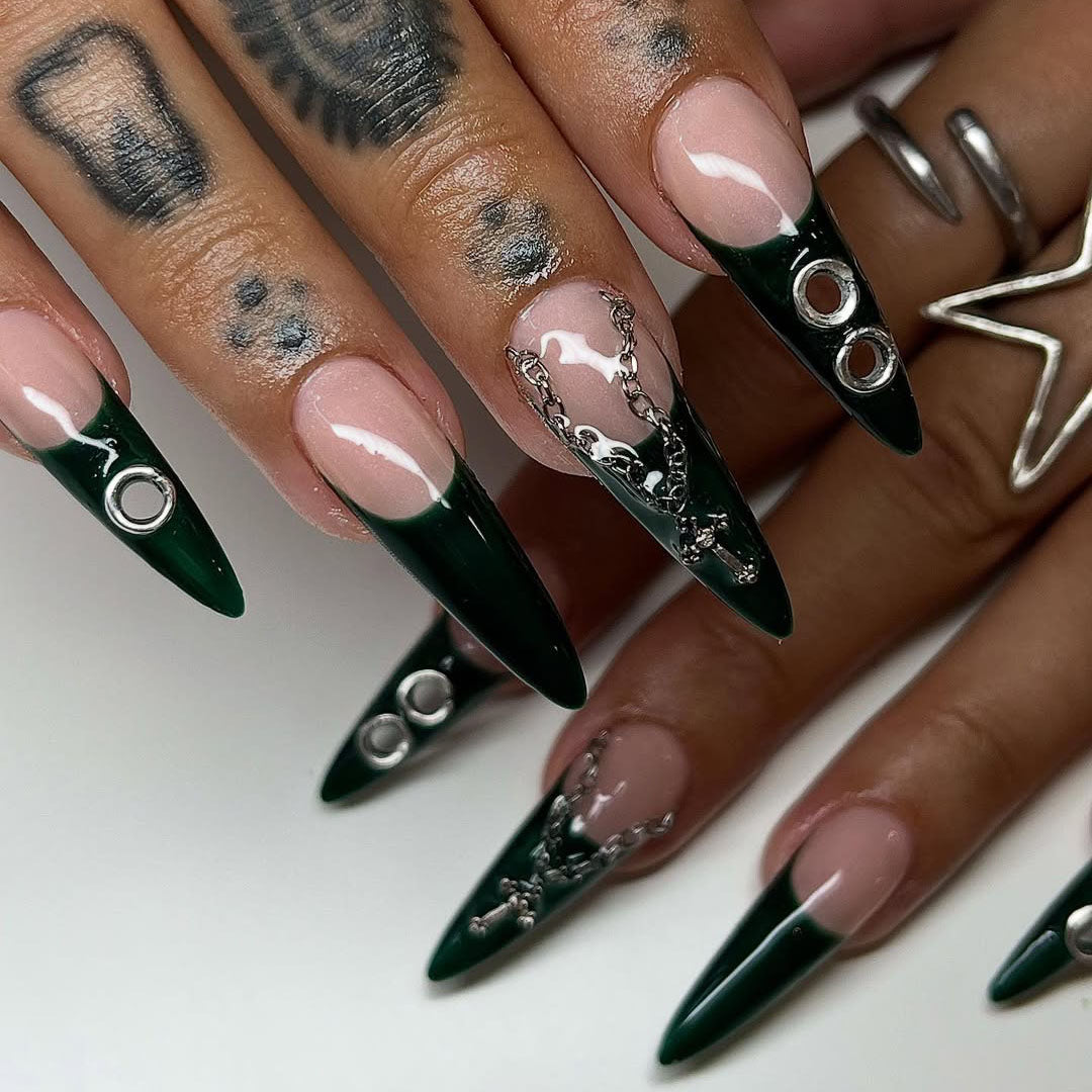 Dark Green French Tip Press-On Nails with Chains and Metal Rings