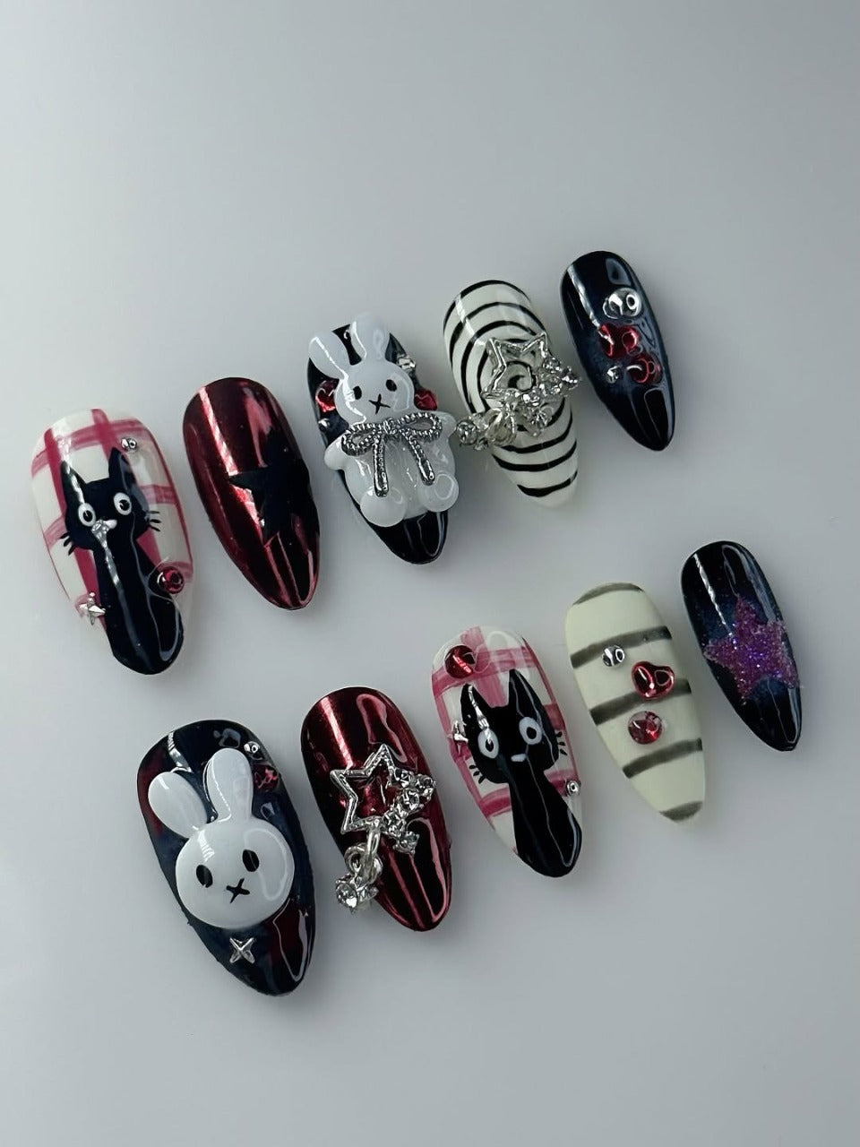 Cute Bunny and Cat 3D Press On Nails with Star Accents