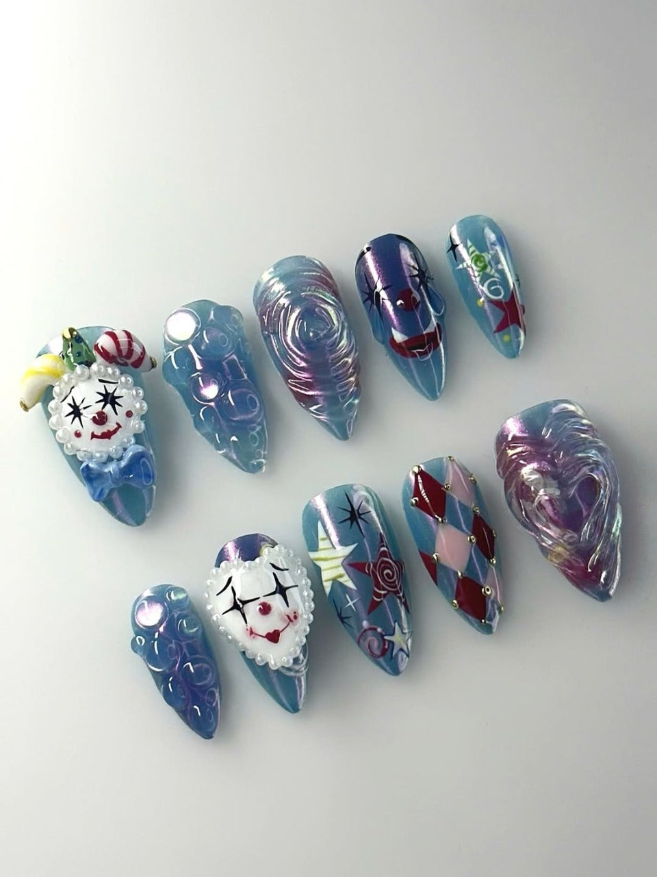 Harlequin Clown 3D Press On Nails with Star and Heart Designs