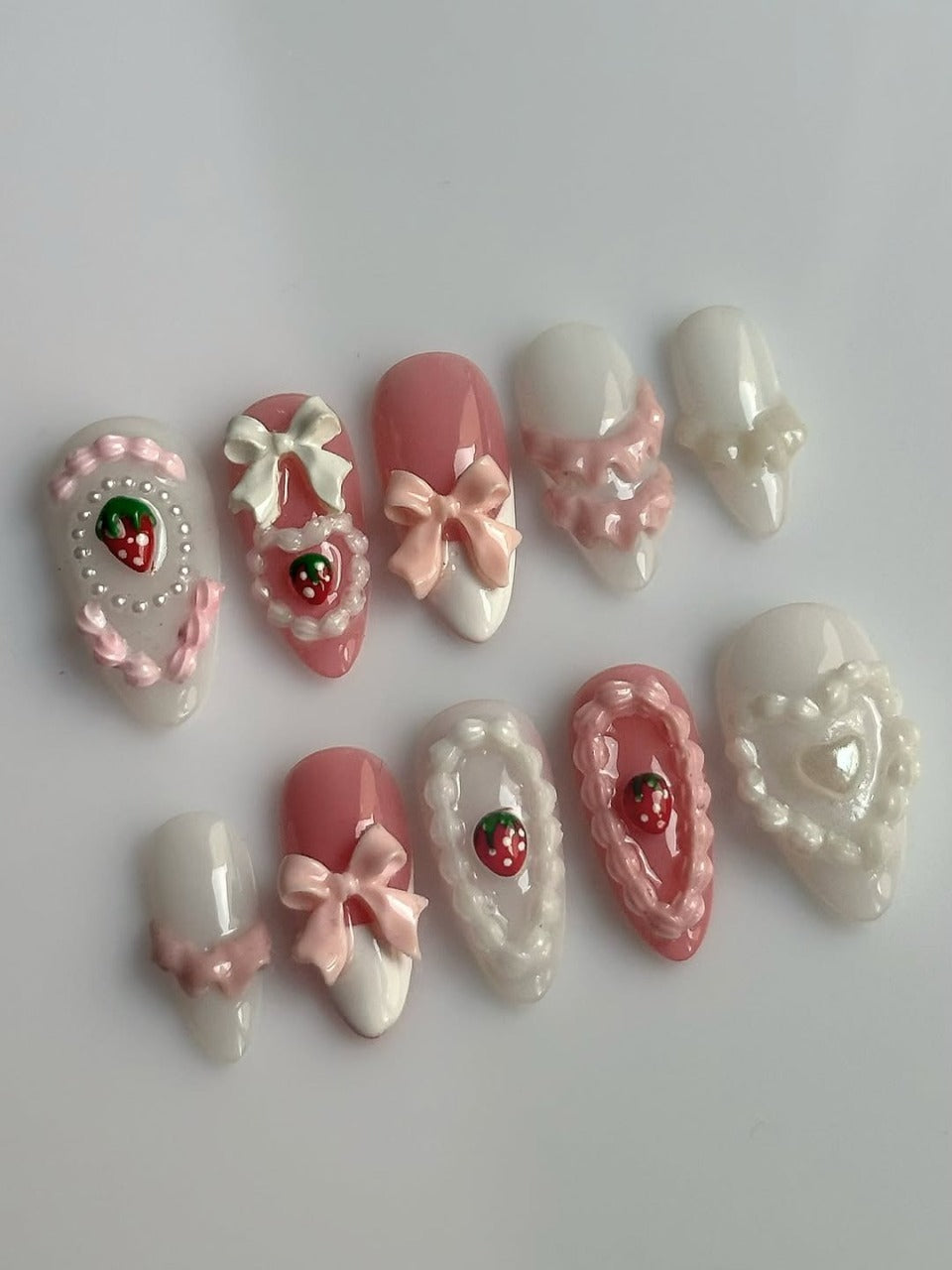 Sweet Strawberry Bow 3D Press On Nails in Pink and White