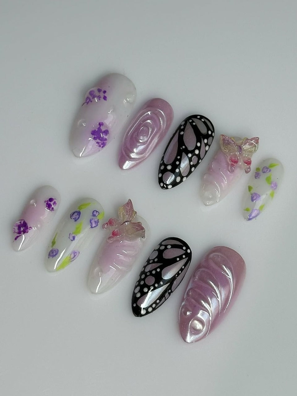 Butterfly Garden Press On Nails with Purple Floral Design