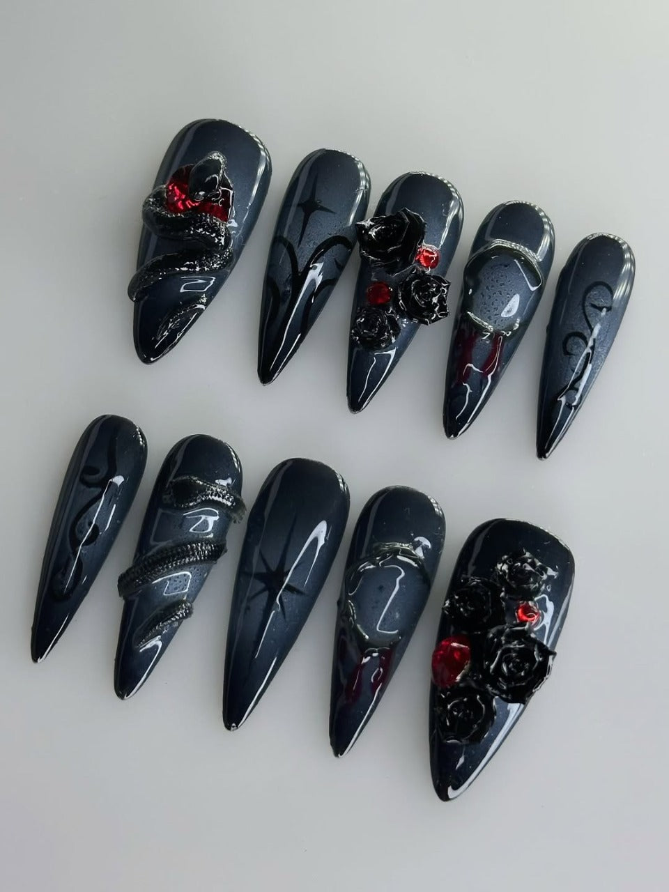 Gothic Black Rose and Snake 3D Press On Nails