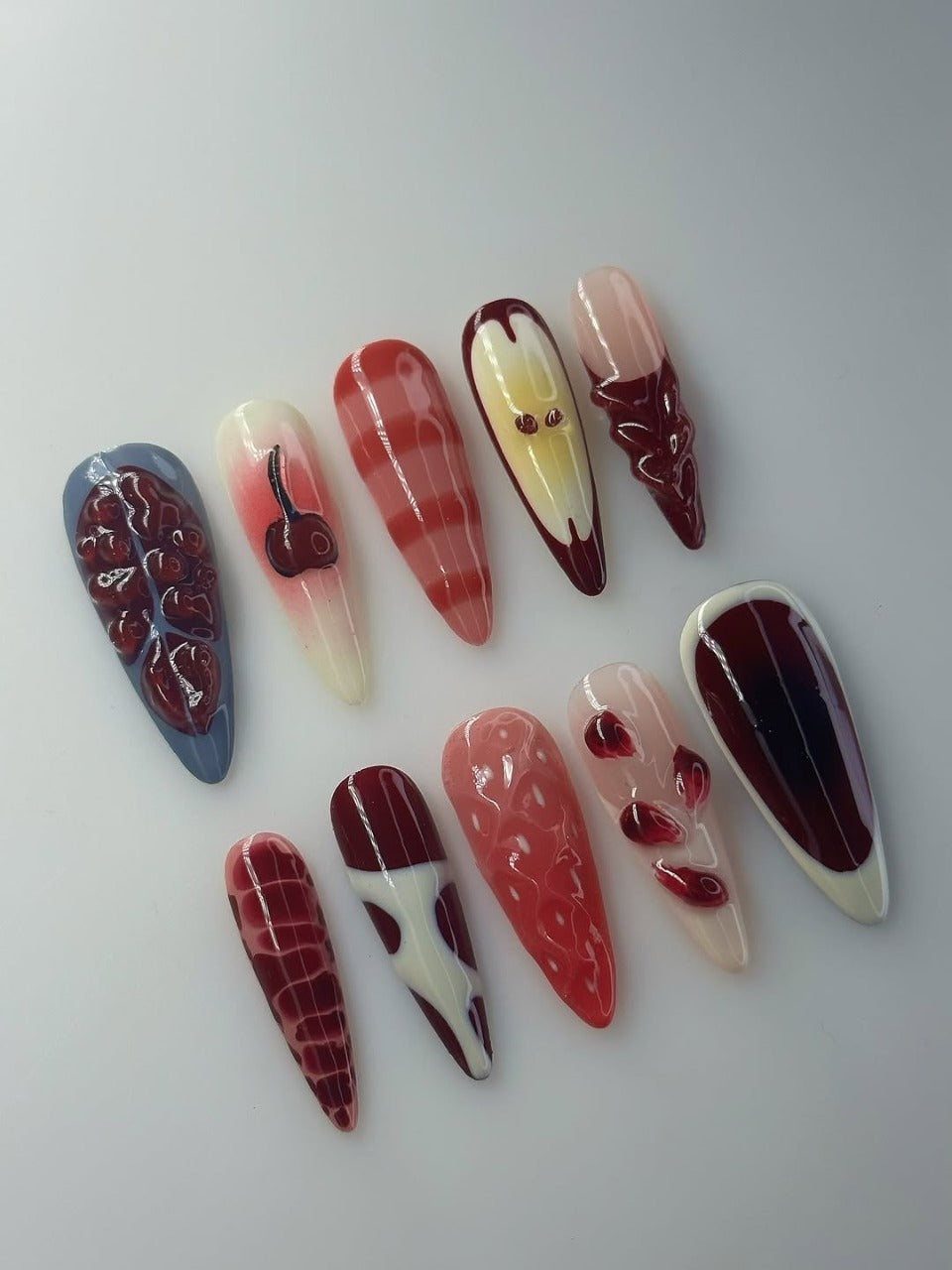 Fruity Red Press On Nails with Cherry and Pomegranate Art