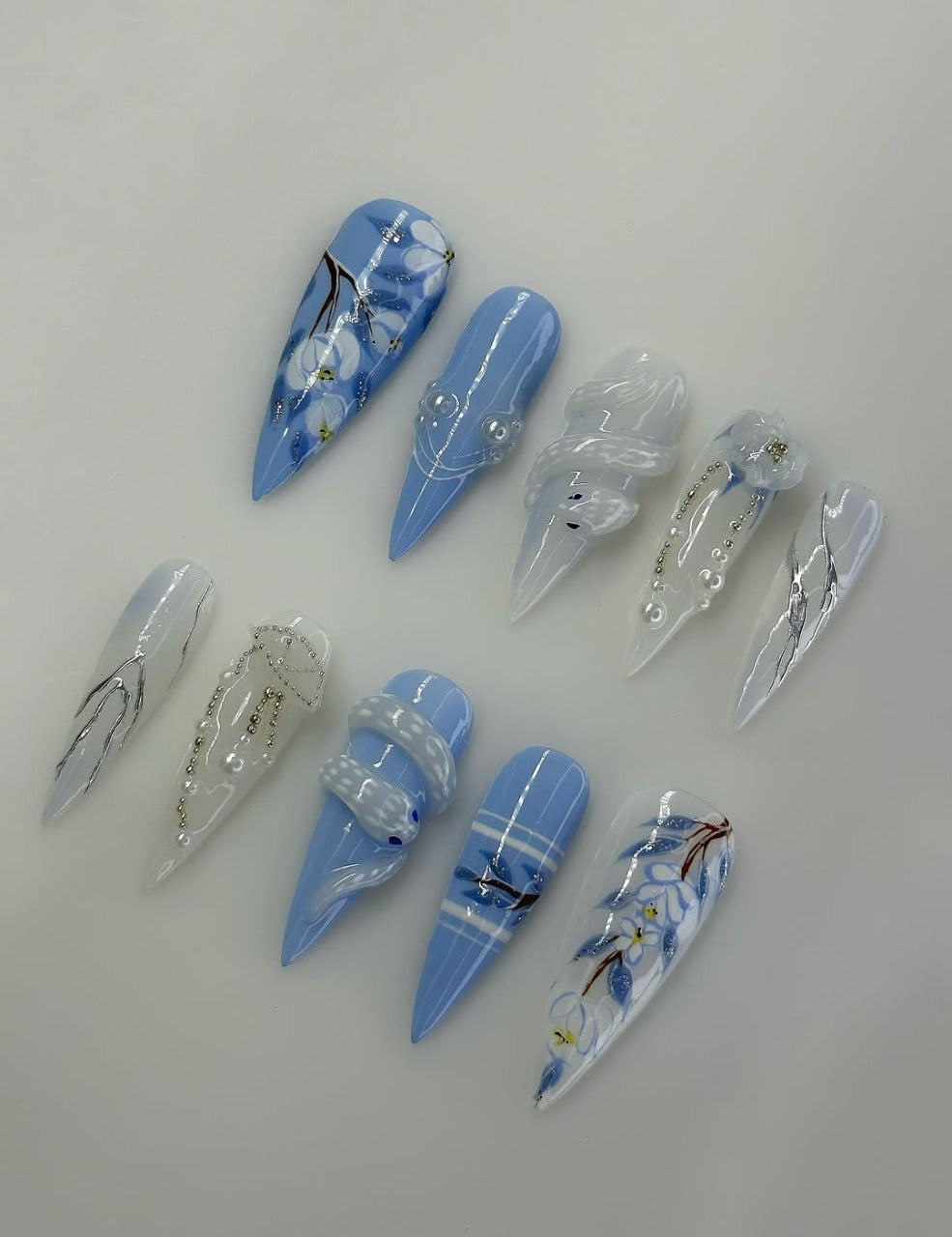 Blue and White Floral 3D Press-On Nails with Snake and Pearl Accents