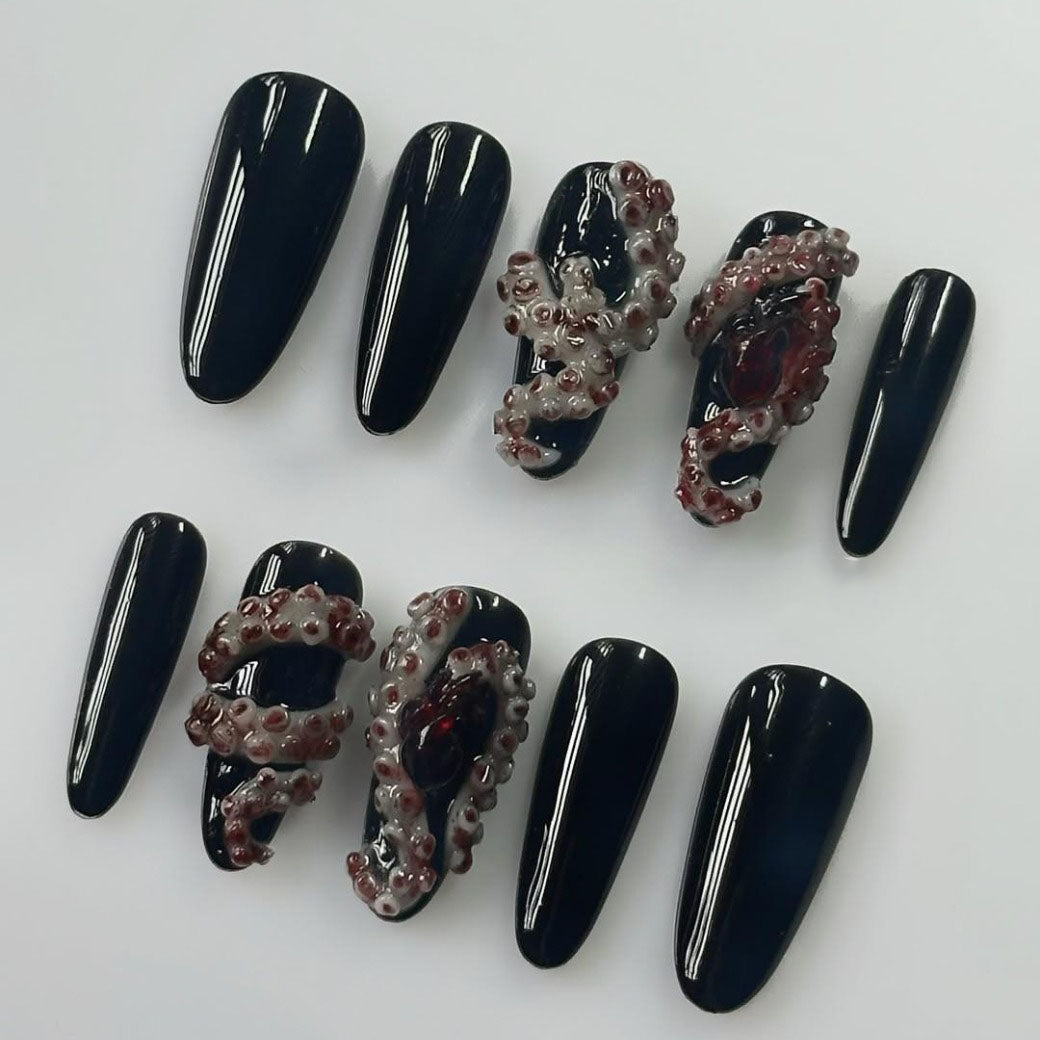 Handmade Press-On Nails with Black Base and 3D Octopus Tentacles