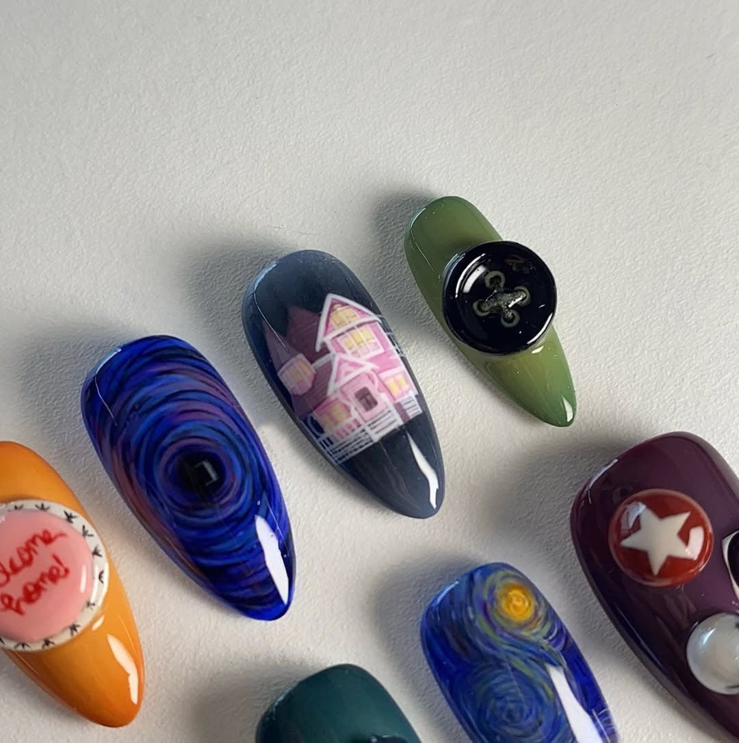 Dark Fantasy Press-On Nails with Moon, Cat, House, and Circus Art