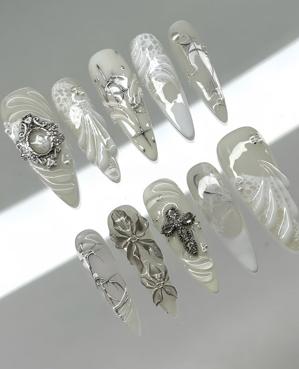 Handmade White Press-On Nails with Angelic Cross and Floral Design