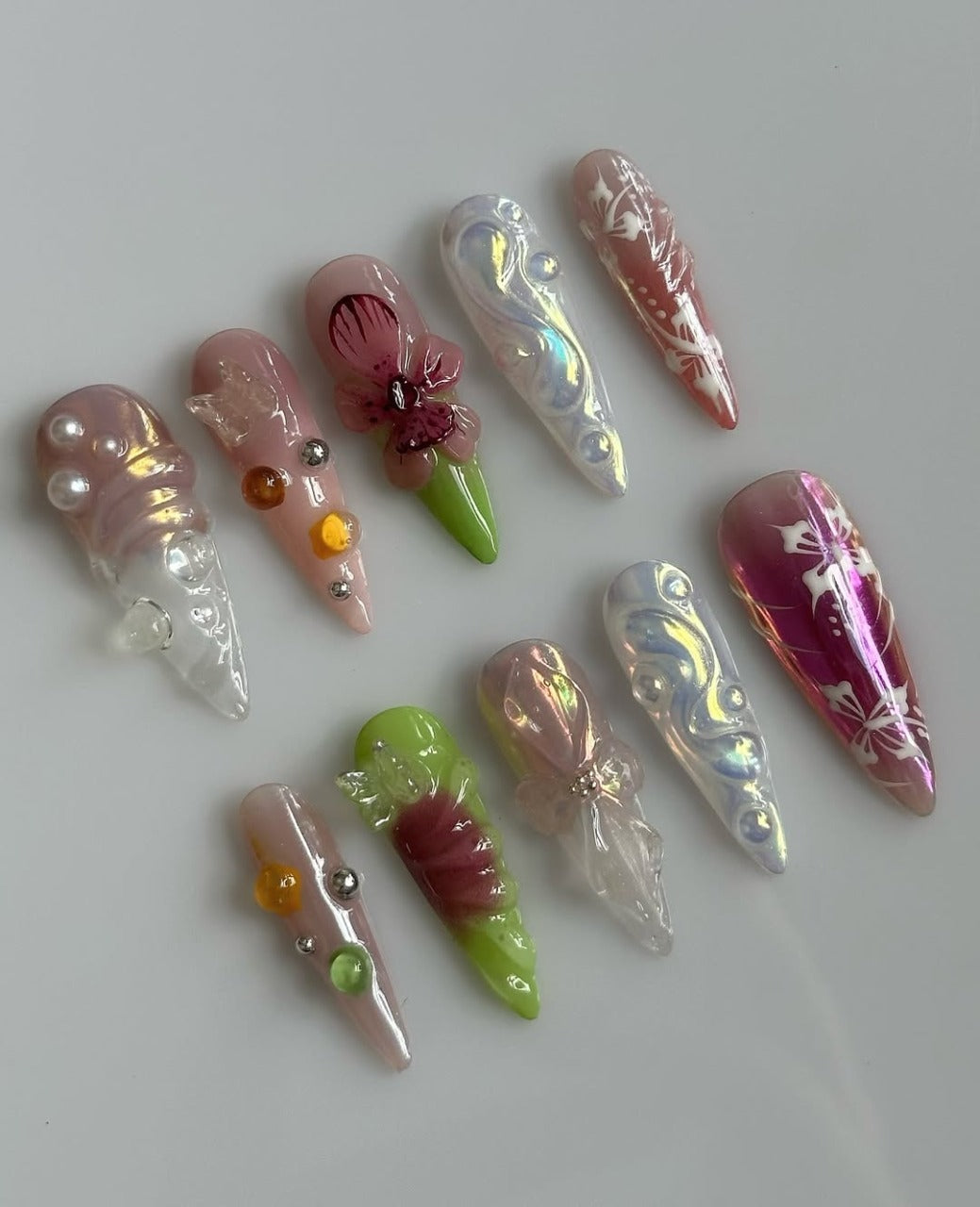 Tropical Orchid Hibiscus Crystal Pearl Handmade Nails