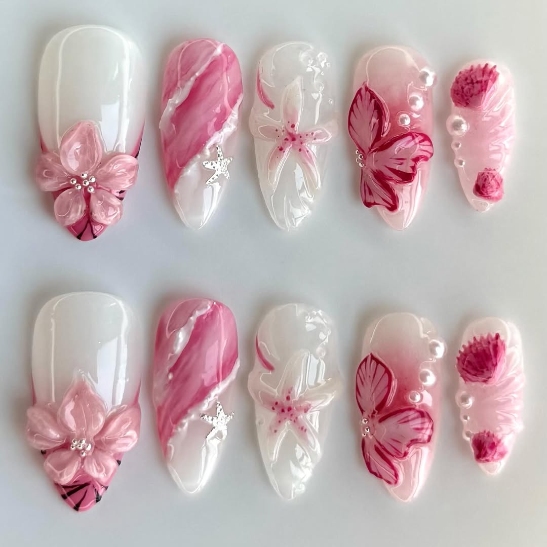 Elegant Pink Floral Stiletto Press On Nails with Charm