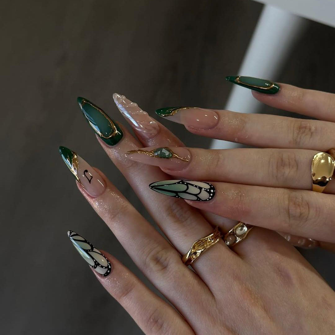 Emerald Butterfly Wing Press On Nails