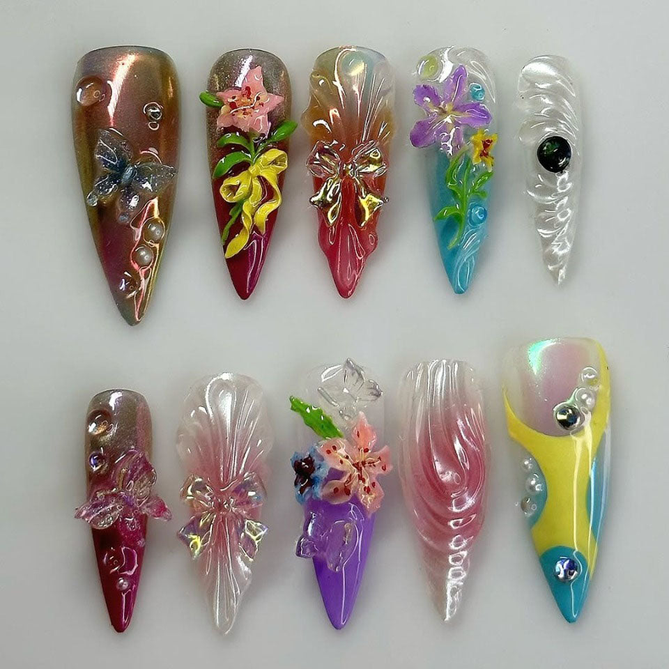 Floral Butterfly 3D Press On Nails with Colorful Artistic Design