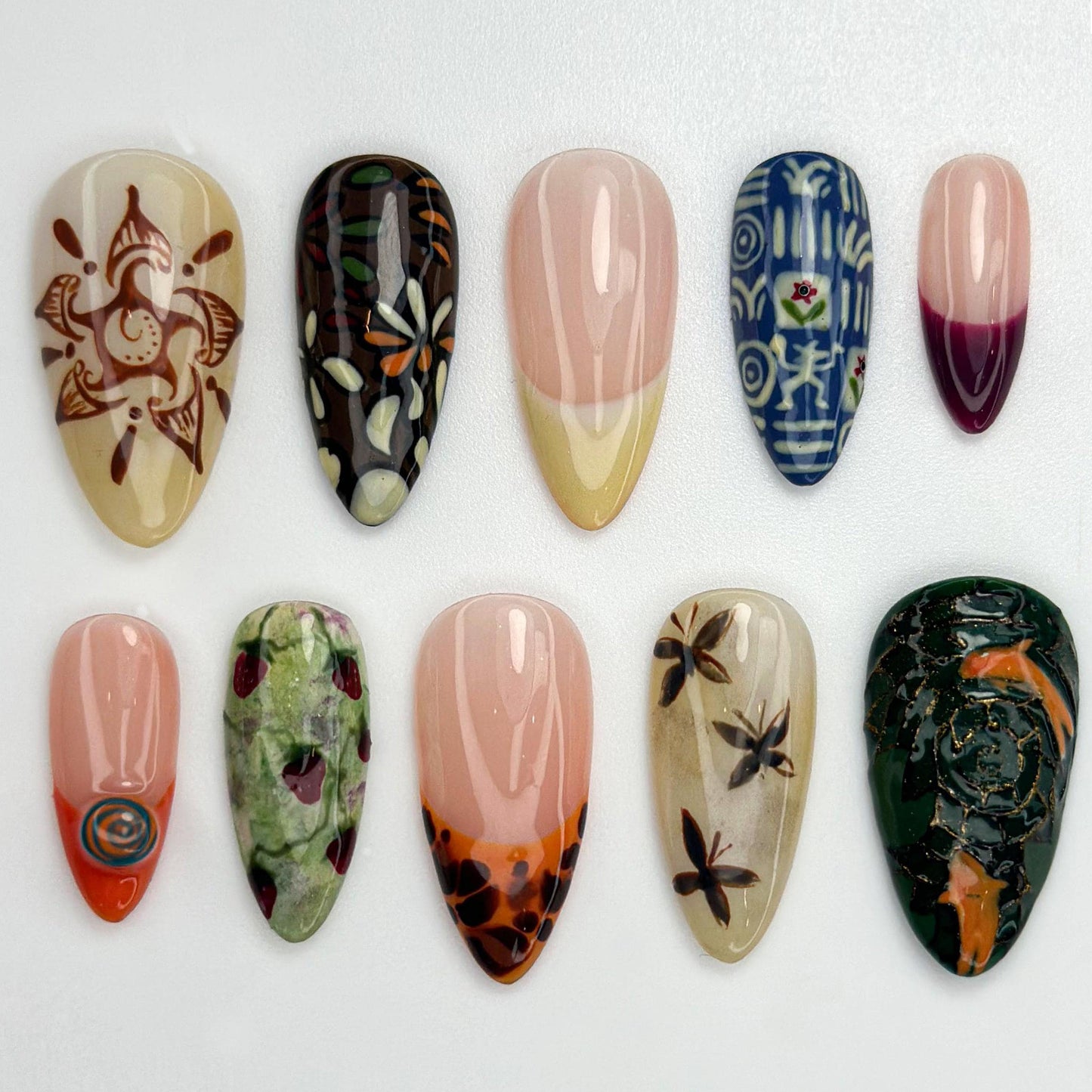 Floral, Butterfly & Koi Press-On Nail Set - Long-Lasting Art