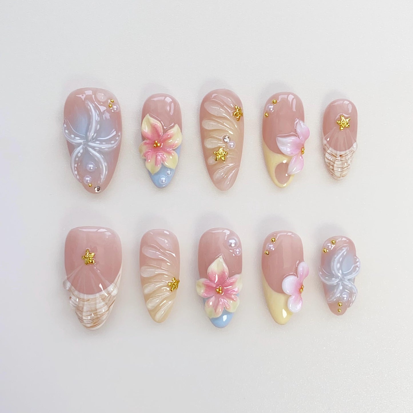 Floral Seashell 3D Press On Nails with Star Accents