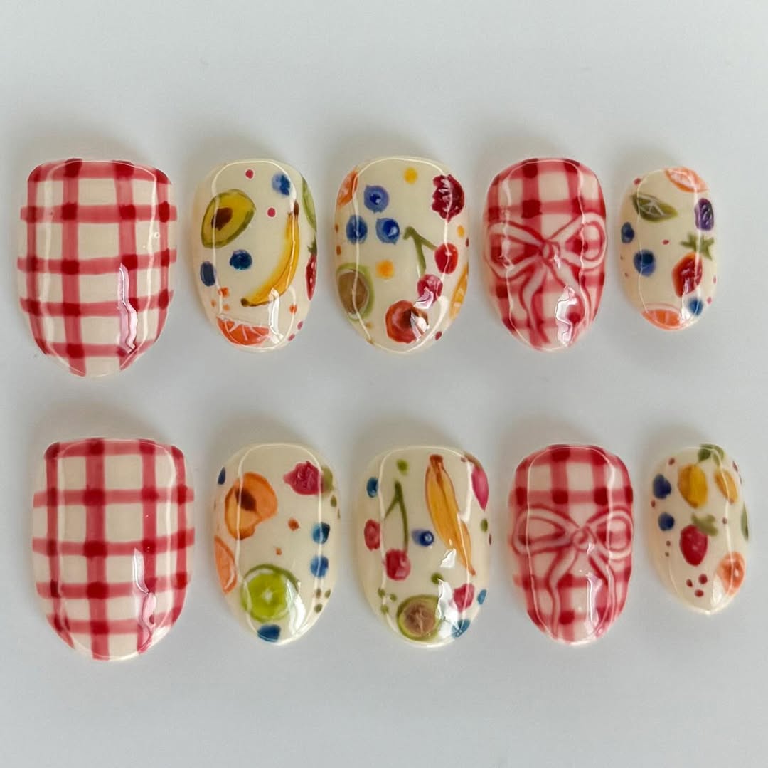 Fruity Picnic Press On Nails with Gingham and Bow Design