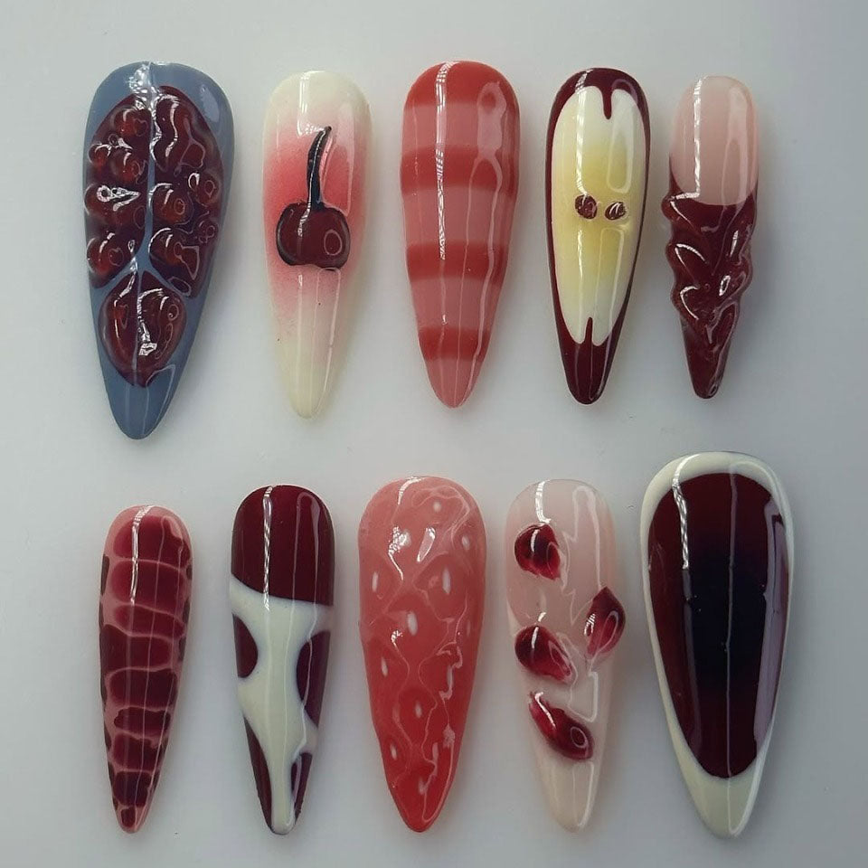 Fruity Red Press On Nails with Cherry and Pomegranate Art