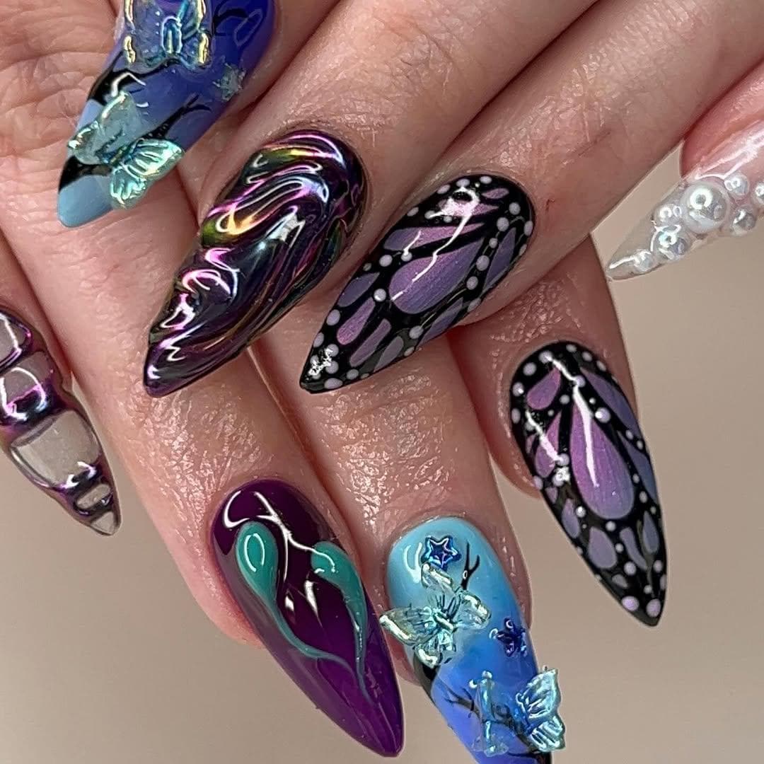 Galaxy Butterfly Chrome 3D Press On Nails