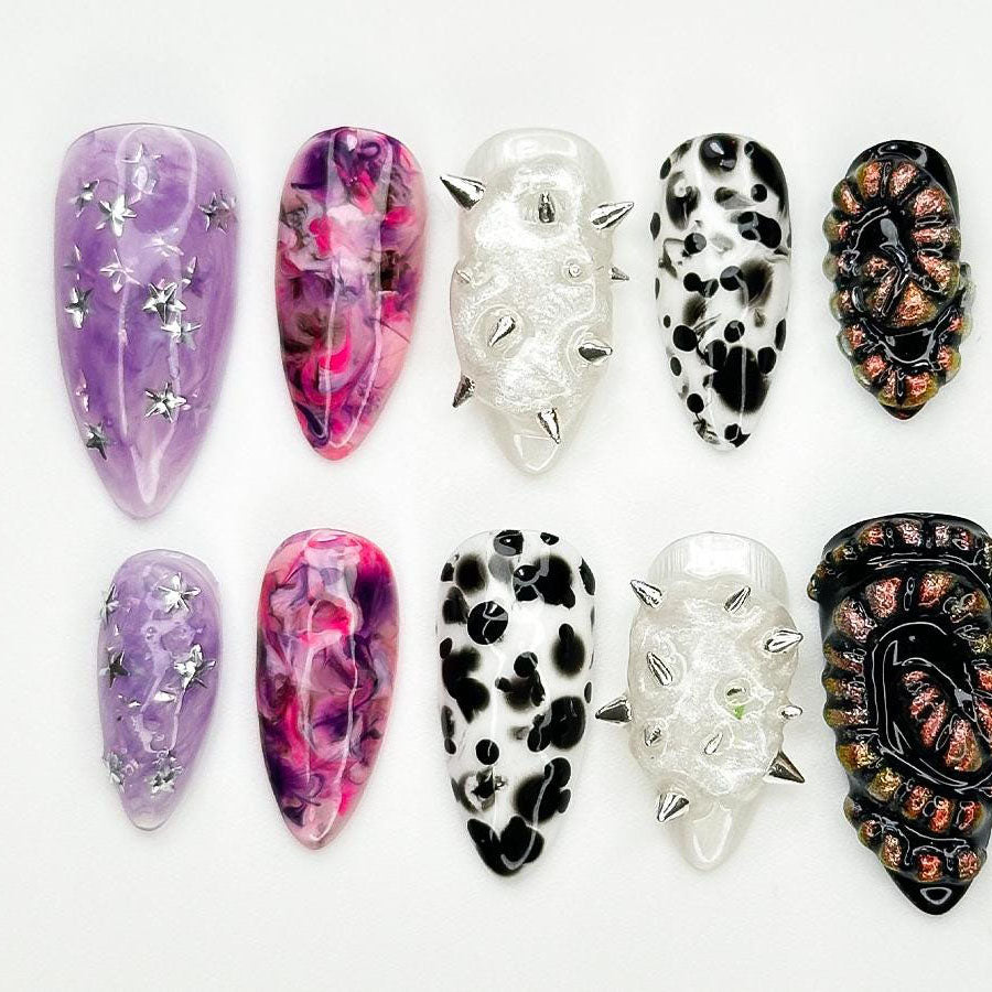 Galaxy Cow Spike Nails with Abstract Texture